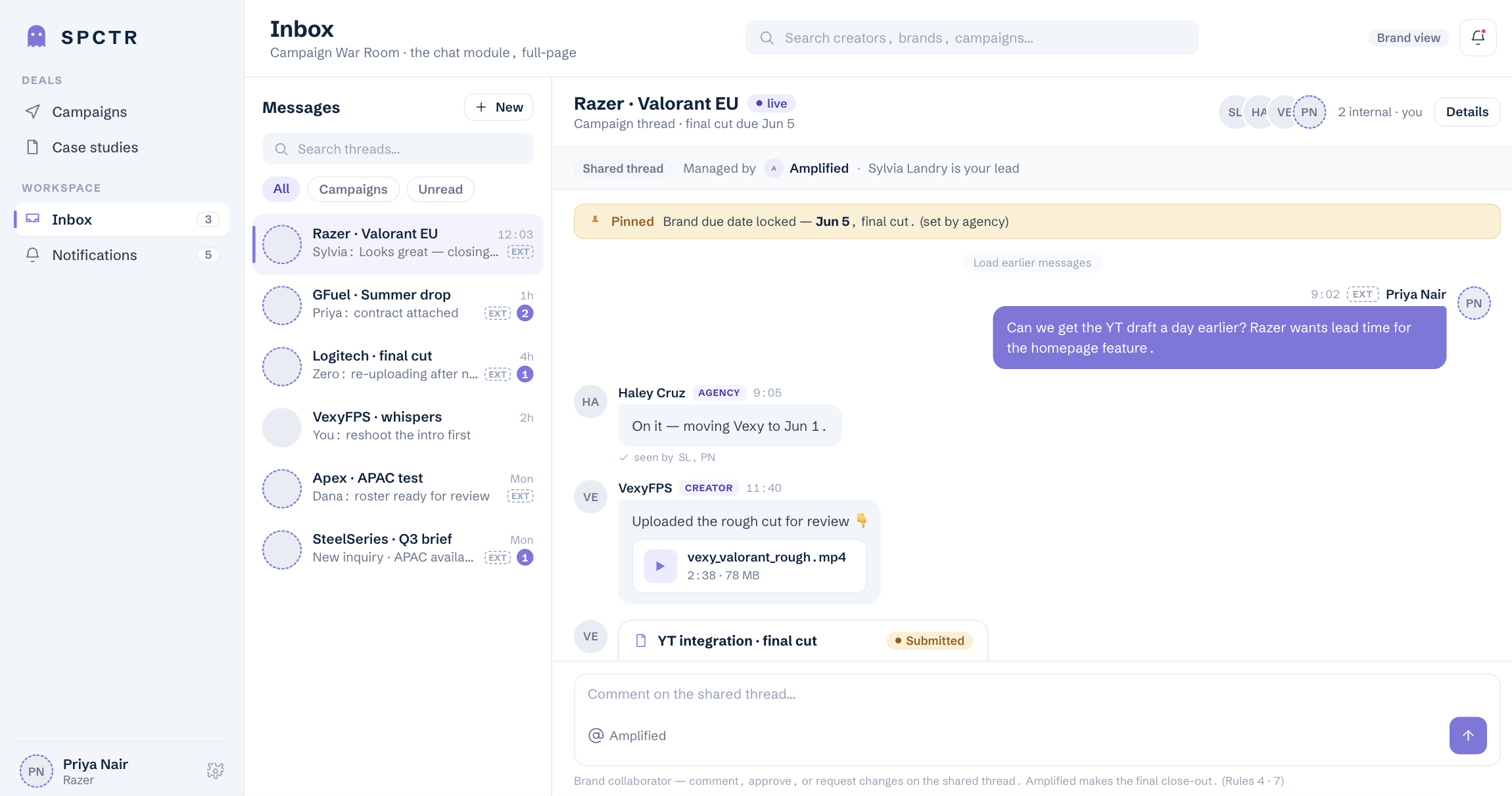 SPCTR Brand Portal campaign chat between brand and agency